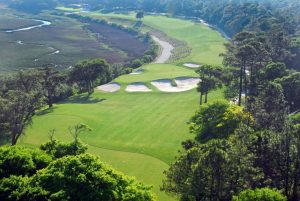 Tidewater Golf Club hazy humid day on hole 3 and 4 overlooking the marsh of Cherry Grove Beach, SC
