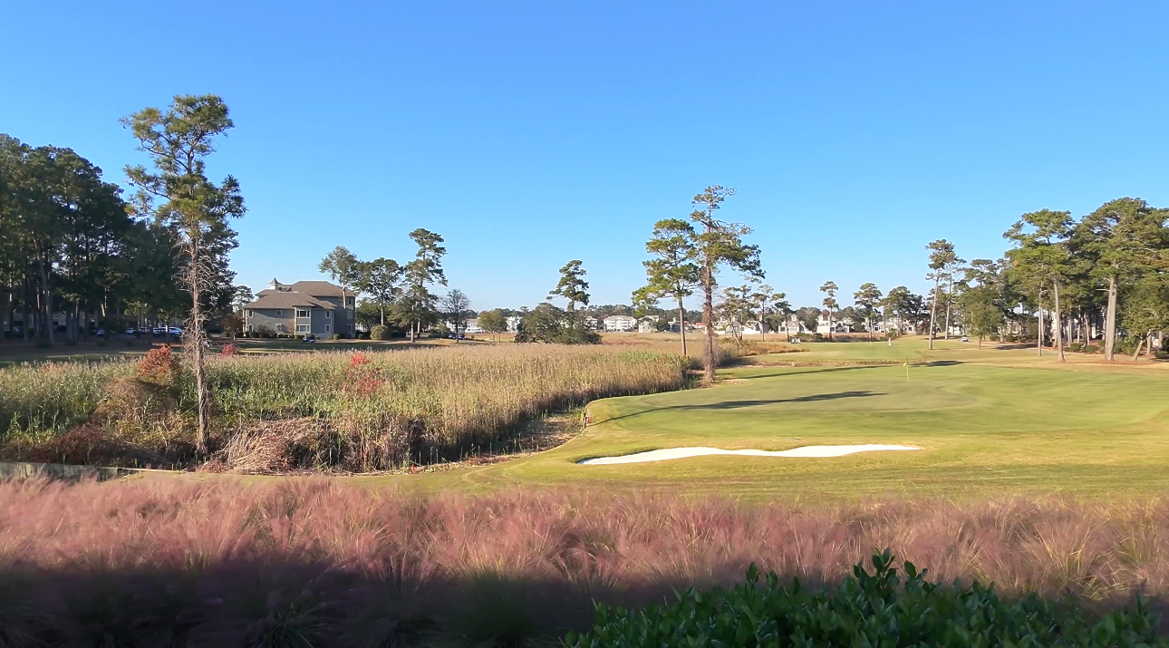 View from Joeys Clubhouse Grille Patio onto 18 Green in Tidewater Golf Club, North Myrtle Beach, SC